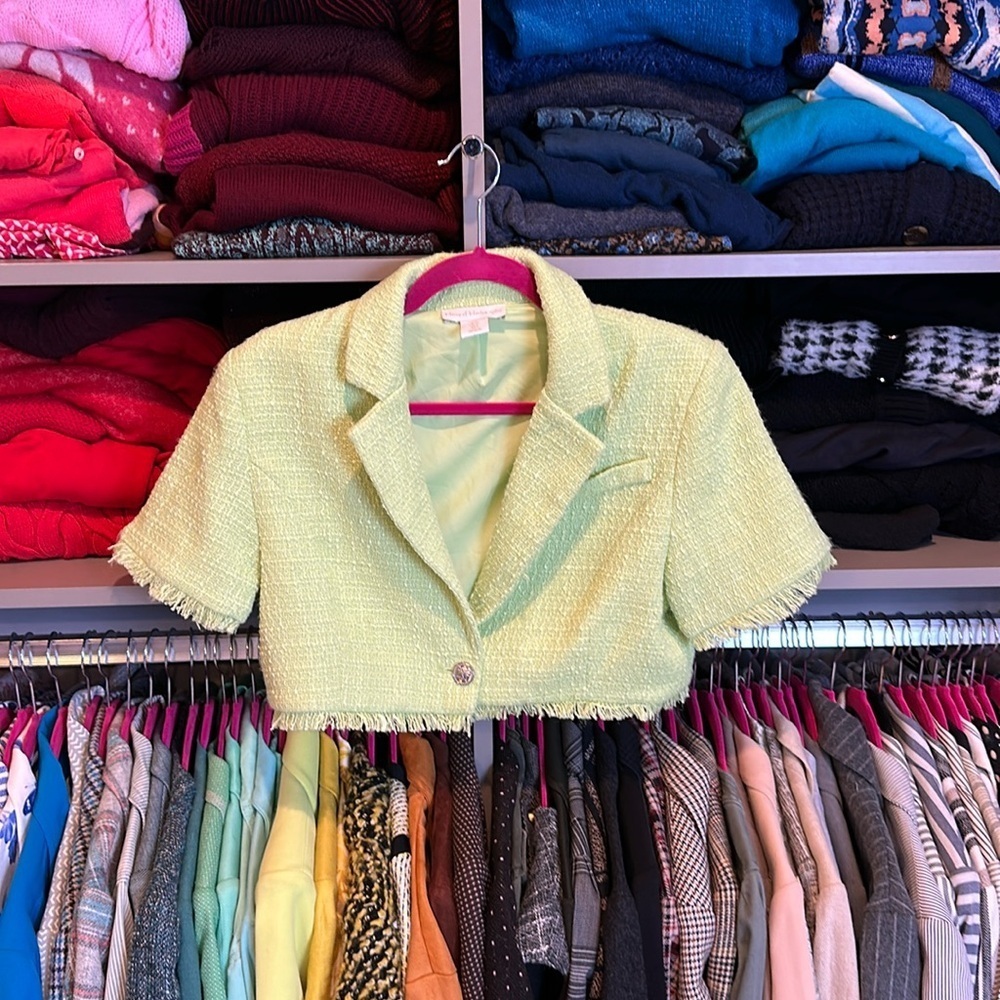 House of Harlow lime green short sleeve raw edge textured cropped blazer size S